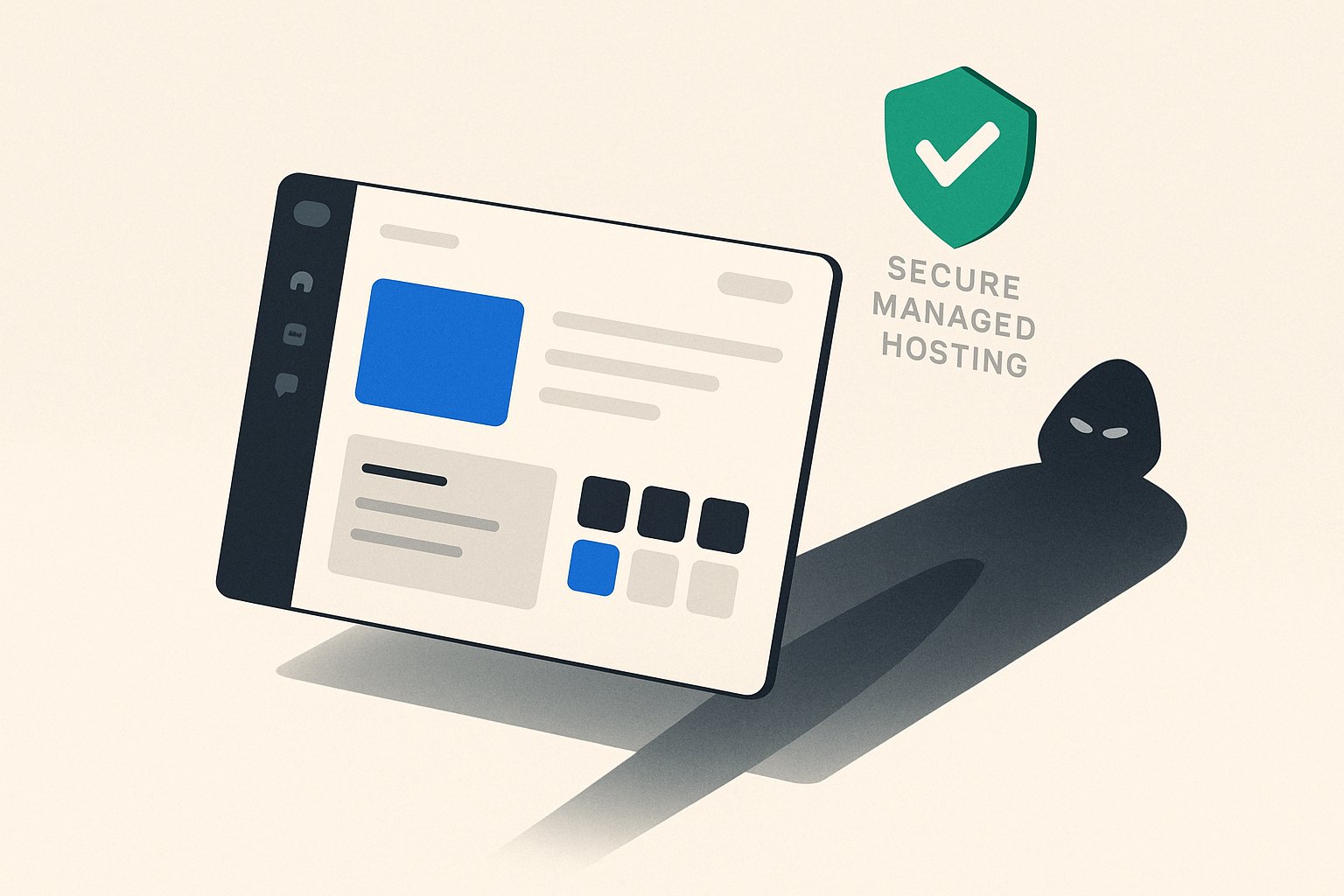 A WordPress dashboard with a green secure managed-hosting badge that casts the shadow of a hooded intruder