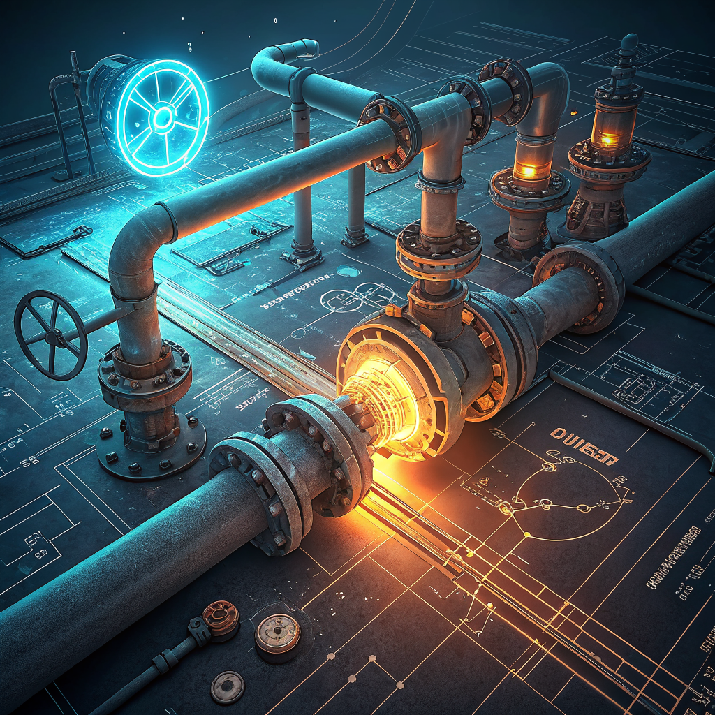 enterprise-ai-plumbing-hero Glowing data pipes and valves feeding an AI core