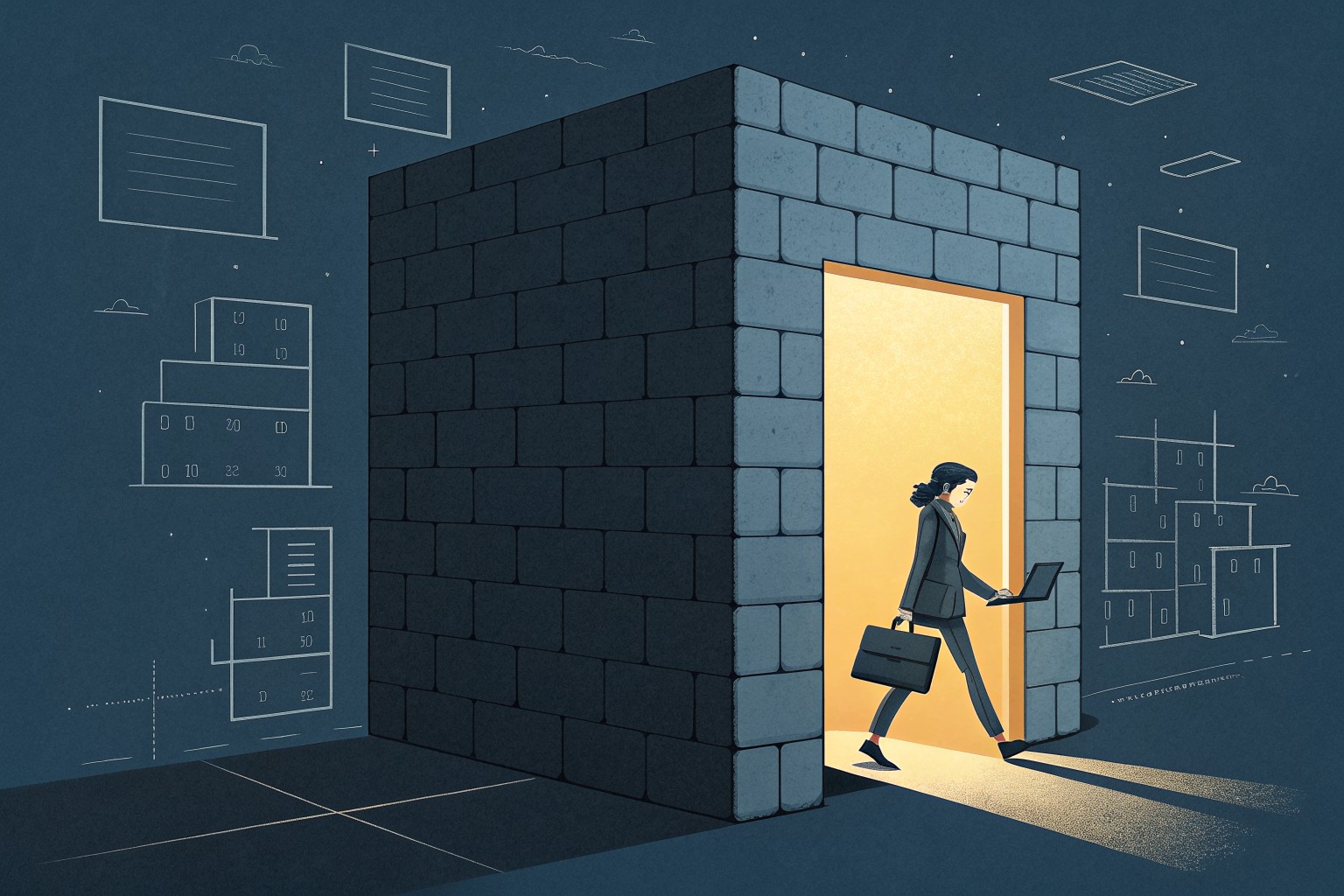 The wall and the door: a lit doorway in a dark wall, the AZ Tech mark above it
